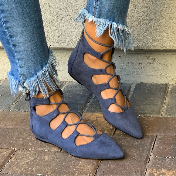 Denim Blue Pointy Toe Lace Up Classic Ballet Flats - Picture 5 of 8